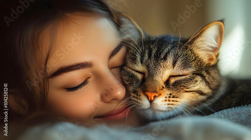 A girl joyfully cuddles a c...