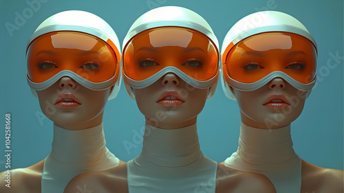 Three stylized figures wear...