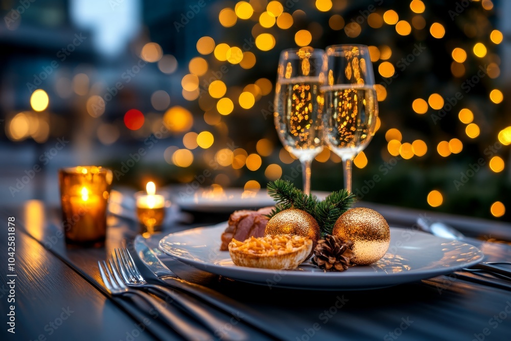 Obraz premium Hyper-realistic New Year's dinner table, with detailed textures of the food, sparkling glasses, and candlelight