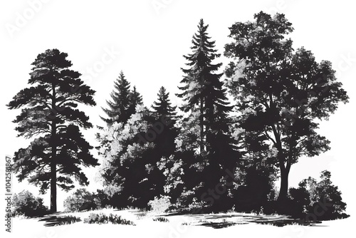 Trees in the forest. Black and white trees silhouettes isolated on white. Forest  sketch, black and white illustration in lithograph style.