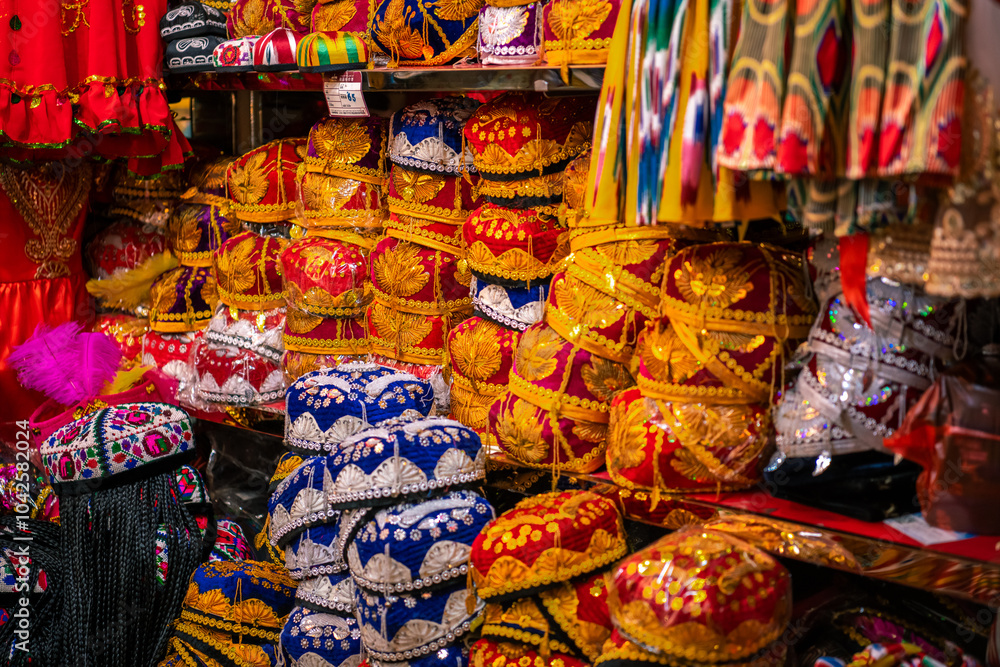 Fototapeta premium Traditional men's hats in Urumqi International Grand Bazaar, Xinjiang China