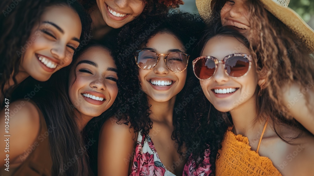 Fototapeta premium Optimistic cheery young women multiracial friends.