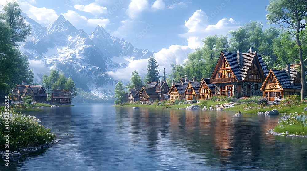 Fototapeta premium A picturesque village nestled amidst a serene lake and snow-capped mountains, bathed in the warm glow of a sunny day.