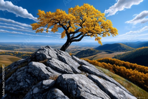 Fototapeta Naklejka Na Ścianę i Meble -  Hyper-realistic view of the Bieszczady Mountains, with vivid details of the trees, rocks, and distant hills bathed in soft morning light