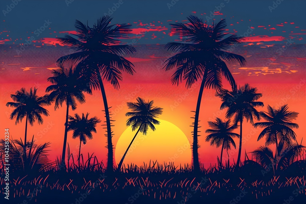 A sunset with palm trees in the foreground A sunset with palm trees in the foreground
