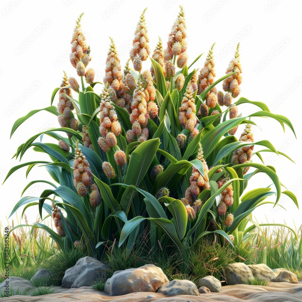 Fototapeta premium Isometric Cartoon Corn Plant with Ears and Green Leaves