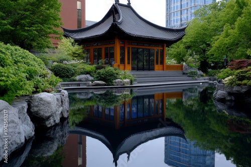 Master of the Nets Gardenâ€™s iconic pavilion reflected perfectly in a tranquil pond, surrounded by lush greenery and traditional Chinese architecture photo