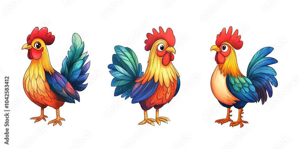 Fototapeta premium Illustration of three cute funny roosters on white background, Generative AI image.