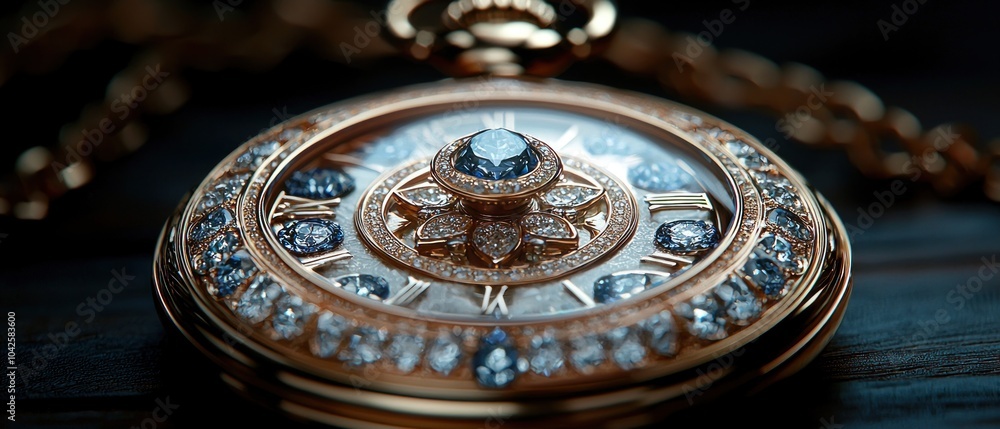 Obraz premium Close-up of a Diamond and Sapphire Encrusted Gold Pocket Watch