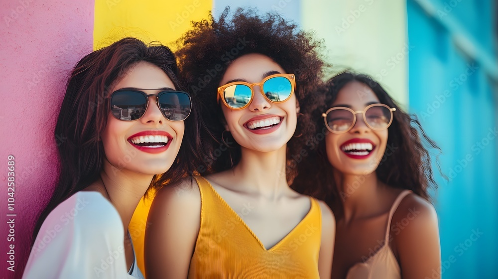 Optimistic cheery young women multiracial friends. Optimistic cheery young women multiracial friends.