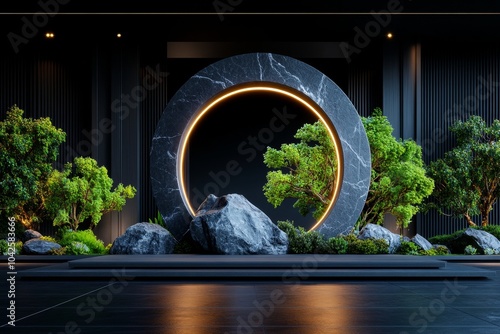 Minimalist depiction of a moon gate, using geometric forms to highlight the elegant simplicity of the gardenâ€™s architecture photo