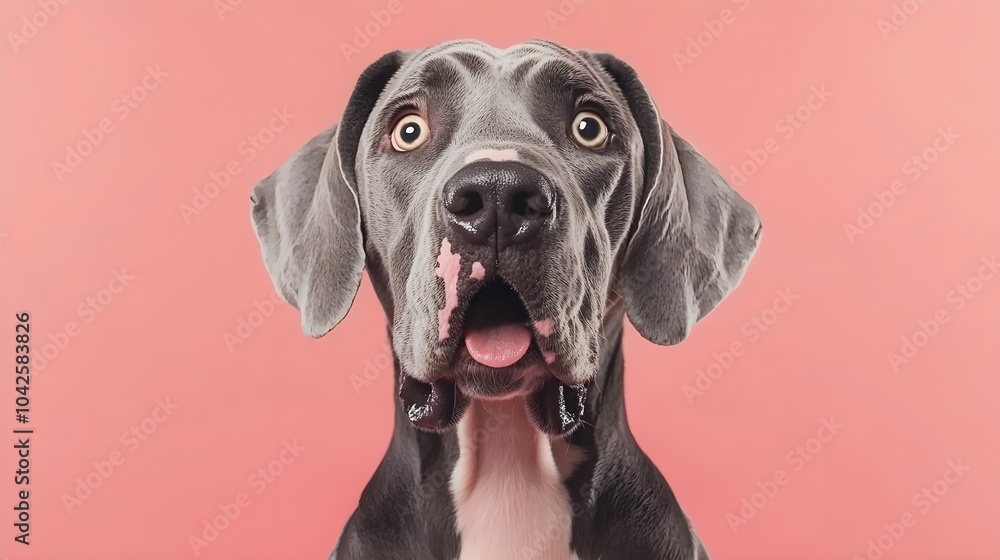 A portrait of a great dane dog with a surprised expression, looking into the camera isolated a pink background A portrait of a great dane dog with a surprised expression, looking into the camera isolated a pink background