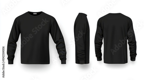 Men's black long-sleeved t-shirt isolated on a white background, concept mockup template with front, back and side views of the t-shirt, 3d render