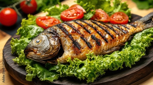 Grilled fish served on a bed of lettuce with tomatoes, showcasing a delicious meal presentation.