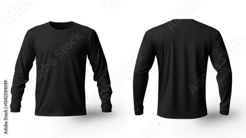 Men's black long sleeve t-shirt isolated on white background, concept mockup template with t-shirt front and back view, 3d rendering