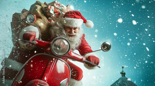 Jolly Santa Claus Riding Vintage Red scooter  Through Snowy Winter Wonderland , concept Happy New Year , space for text.