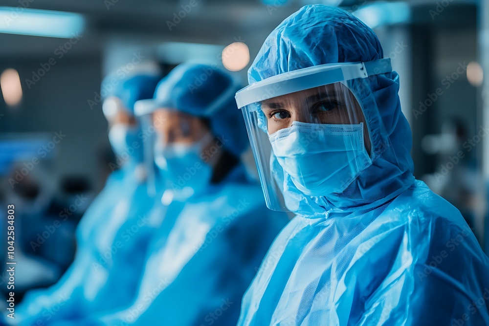 A young woman in scrubs and protective gear stands confidently in a sterile environment, looking directly at the camera. A young woman in scrubs and protective gear stands confidently in a sterile environment, looking directly at the camera.