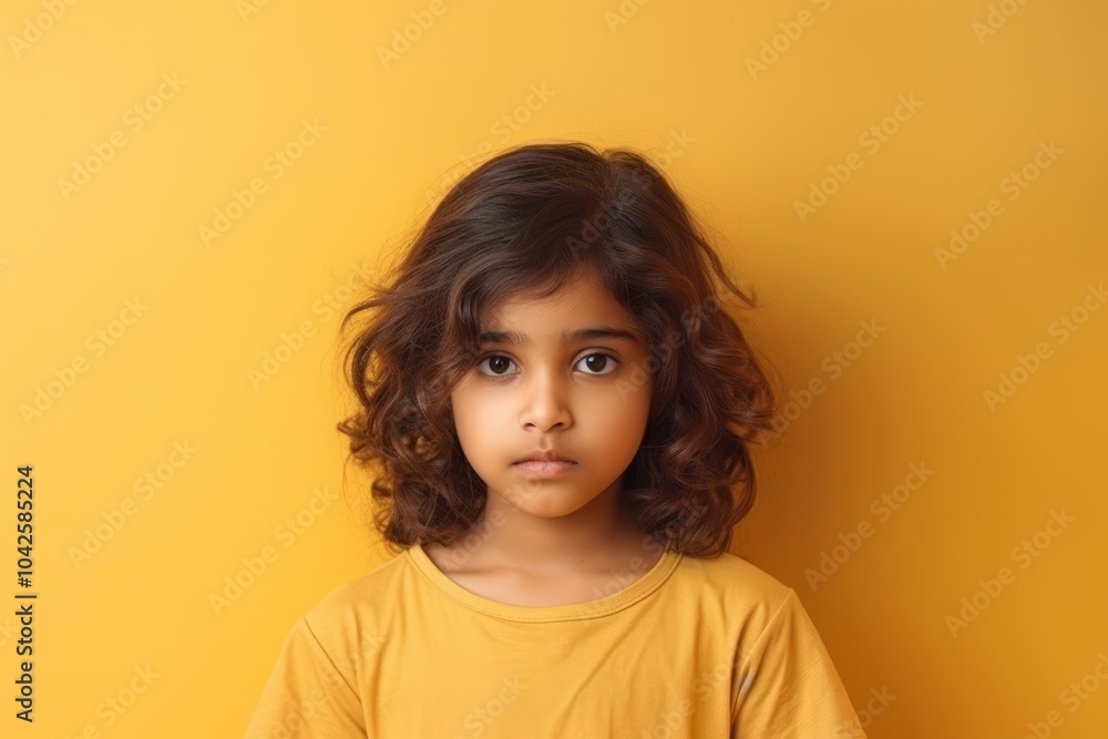 Portrait of a cute little girl with curly hair over yellow background Portrait of a cute little girl with curly hair over yellow background