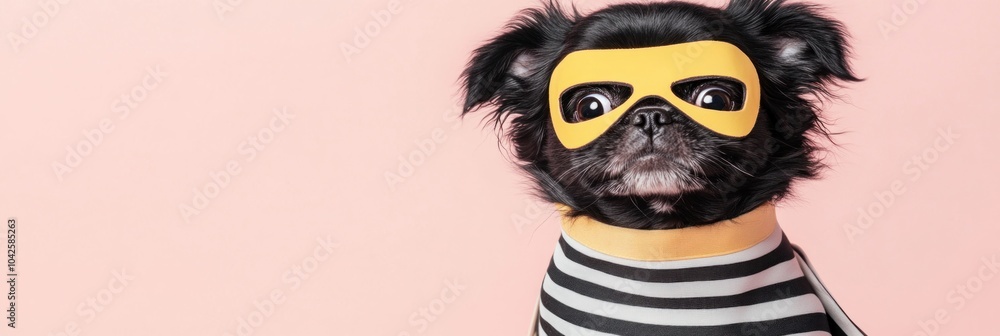 A playful dog dressed as a cartoonish thief against a pink background. A playful dog dressed as a cartoonish thief against a pink background.