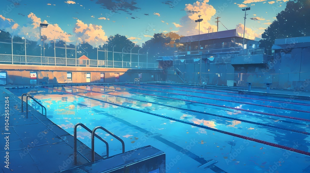 Obraz premium The schools anime-style swimming pool, with crystal-clear water reflecting the last rays of the sun, and the diving board casting a long shadow over the still surface as the sky darkens.