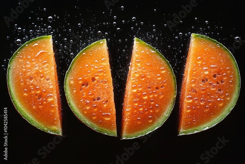 Four slices of watermelon arranged in a row on a black background with water droplets and bubbles around them. photo