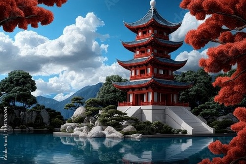 Retro depiction of the gardenâ€™s pavilions, with nostalgic colors and old-fashioned illustrations of traditional Chinese architecture photo