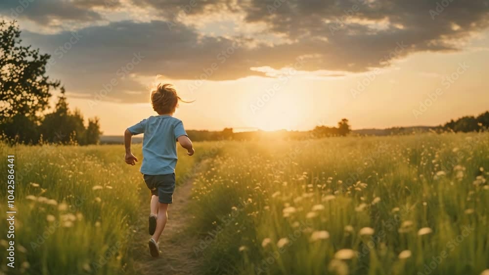 A little boy is featured in a slow-motion video as he runs from behind. Alongside him, a joyful girl runs across a summer meadow, enjoying the serene beauty of nature at sunset A little boy is featured in a slow-motion video as he runs from behind. Alongside him, a joyful girl runs across a summer meadow, enjoying the serene beauty of nature at sunset