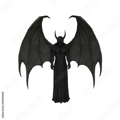 Demon with wings standing against a on white background