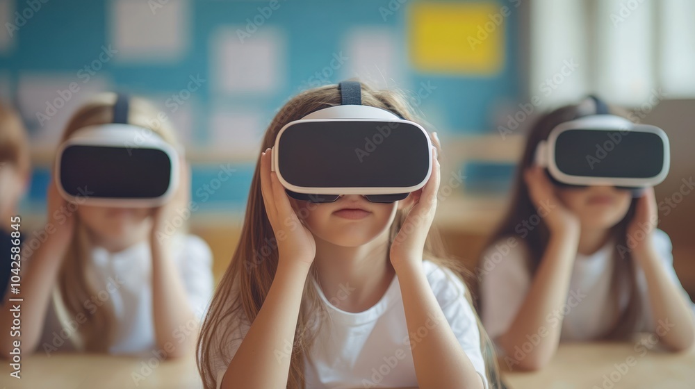 Children wearing VR headsets in a classroom setting, engaging in ...