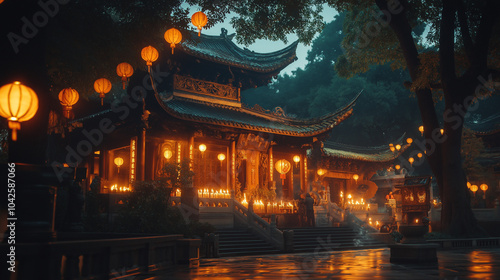 A serene Chinese temple illuminated at night for New Year’s celebrations