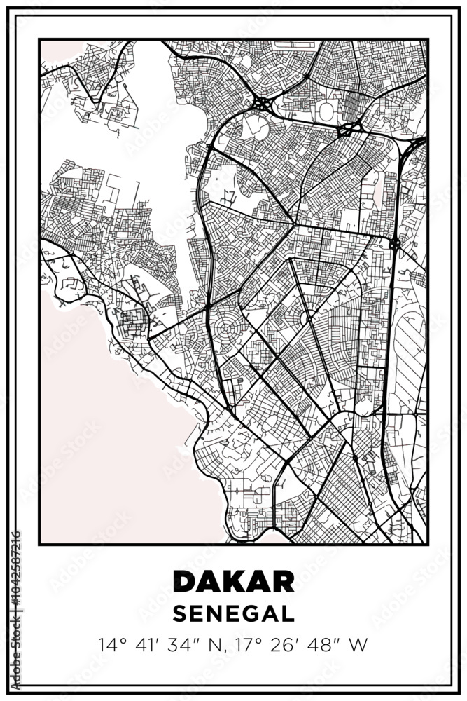 Obraz premium Black and white printable Street map art dakar city, Senegal. Travel poster with coordinates, poster design, Modern Poster Wall Art Home Decor Ready to Printable