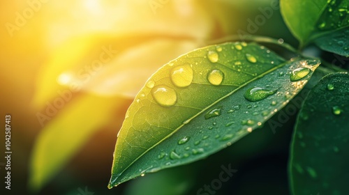 Close-up of green leaves with water droplets, illuminated by soft sunlight.