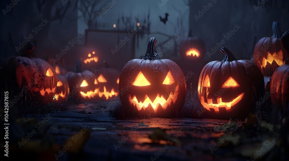 A dark scene with a group of glowing jack-o'-lanterns, each with uniquely carved spooky faces, set in a mysterious and eerie Halloween setting A dark scene with a group of glowing jack-o'-lanterns, each with uniquely carved spooky faces, set in a mysterious and eerie Halloween setting