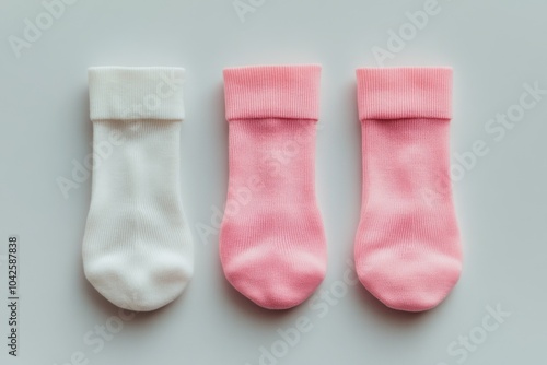 Three baby socks in white and pink, arranged in a row on a white background.