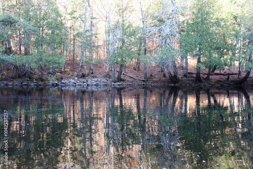 Reflection of the water and a river in autumn. Autumn background with calm water and trees. Outdoor activities and hiking in the forest in october. Quebec and Canada landscape in the fall season. photo