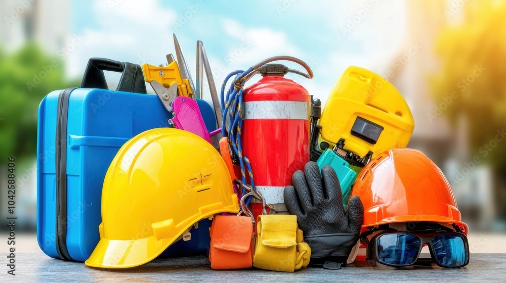 Construction Workers Worksite Equipment and Safety Gear on Site Construction Workers Worksite Equipment and Safety Gear on Site