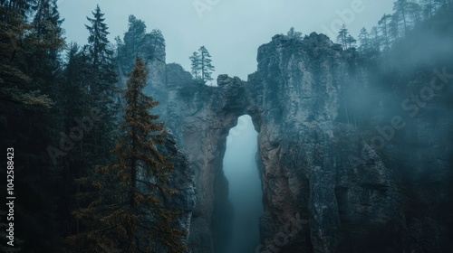 A misty landscape featuring a stone arch surrounded by towering trees and rocky cliffs.