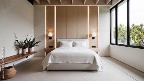modern, minimalist bedroom with a neutral color palette. The room features a large bed with white bedding, centered against a light wood accent wall with integrated lighting