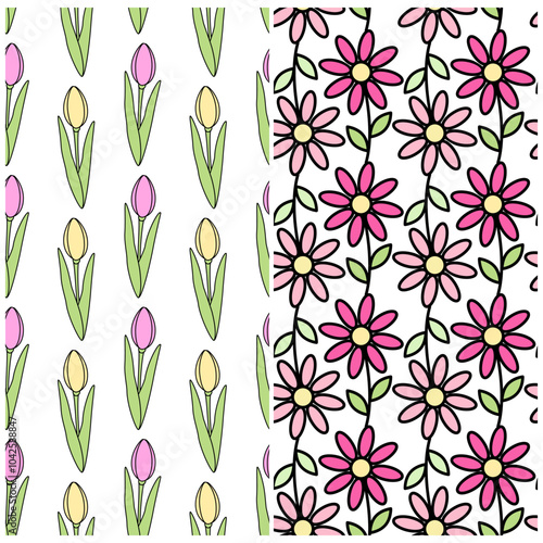 Wallpaper Mural Tulips and daisies garland in trendy pale spring colors Seamless pattern Set of 2 spring backgrounds Torontodigital.ca