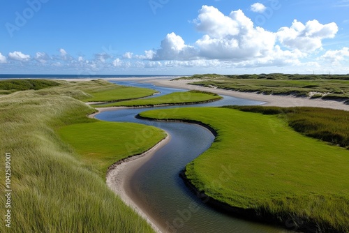 The dunes of Meijendel, with sandy paths winding through tall grass and the North Sea visible in the distance