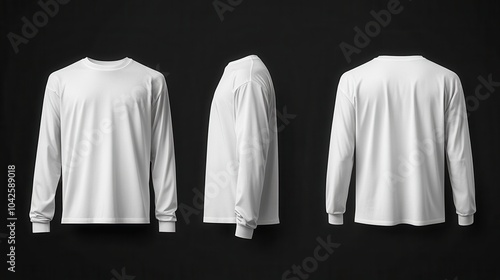 Men's white long-sleeved t-shirt isolated on black background, mockup template concept with front side and back view, 3d render