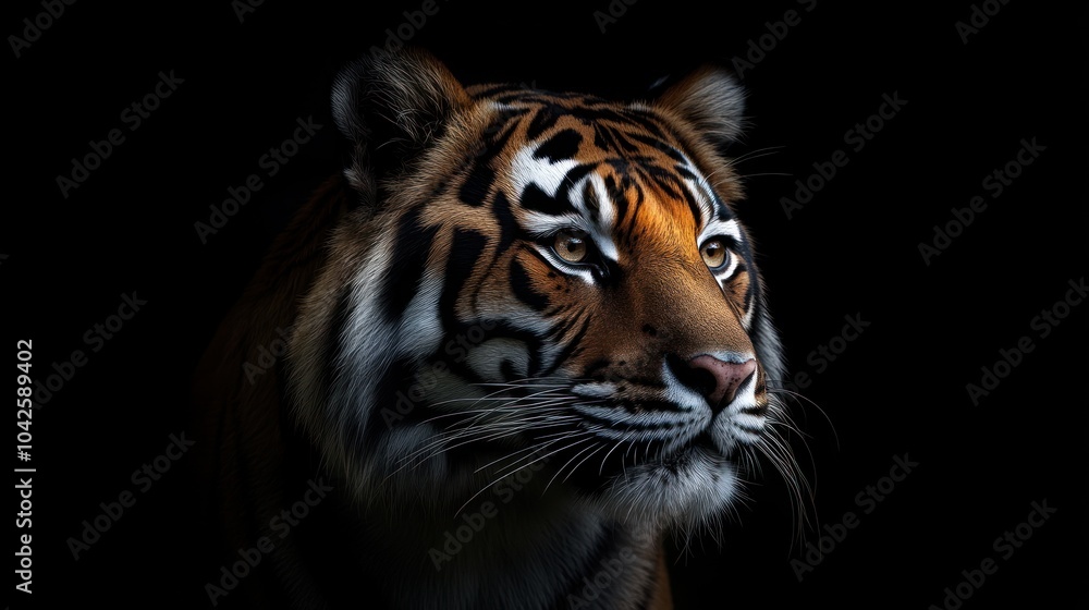 A close-up of a tiger's face against a dark background, highlighting its features. A close-up of a tiger's face against a dark background, highlighting its features.
