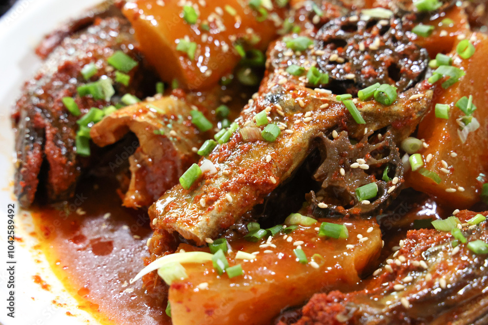 Korea food. Braised Half dried Pollack Korea food. Braised Half dried Pollack