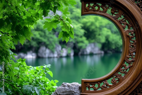 Traditional Chinese wooden architecture, with carved beams and columns framing a view of the gardenâ€™s pond and greenery photo