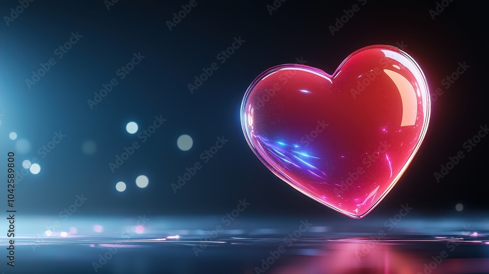 Floating glossy heart with neon accents, set against a dark background with bright highlights. Floating glossy heart with neon accents, set against a dark background with bright highlights.