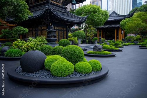 View of the gardenâ€™s main courtyard, with traditional Chinese pavilions and a central pond surrounded by stone sculptures and manicured plants photo