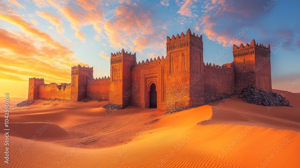 Fototapeta premium A majestic desert fortress at sunset, showcasing ancient architecture.