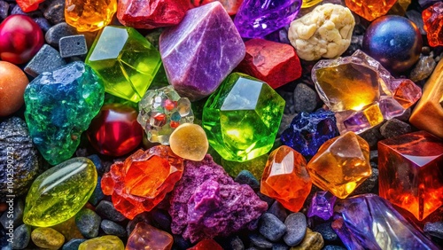 A symphony of colorful gemstones, each facet reflecting a unique hue, scattered amidst a bed of dark pebbles, a vibrant visual feast for the senses.
