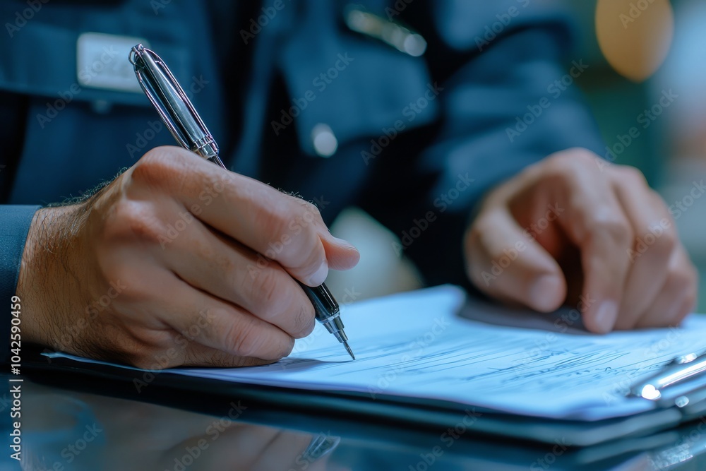 Show a customs officer documenting findings in a report. They are writing down details about the inspection results, Generative AI Show a customs officer documenting findings in a report. They are writing down details about the inspection results, Generative AI