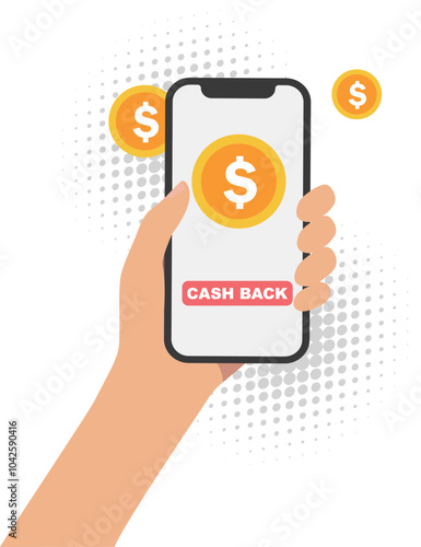 Cashback with smartphone in hand icon in flat style.